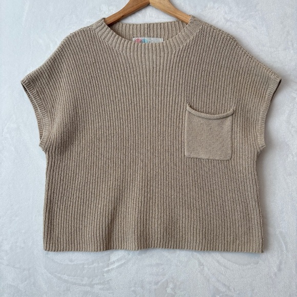 Free people womens tan casual freya tan knit short sleeve sweater size large - Picture 1 of 9